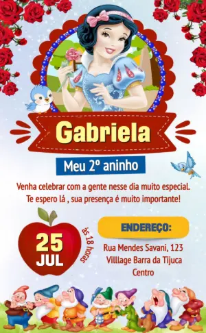 Convite Aniversário Branca de Neve com Personagens para Editar