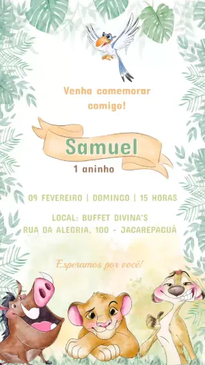 Convite Animado Rei Leão Aquarela para Aniversário Infantil