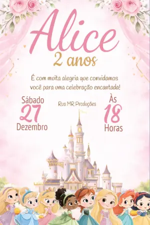Convite de Aniversário Princesas da Disney Baby Rosa para Editar