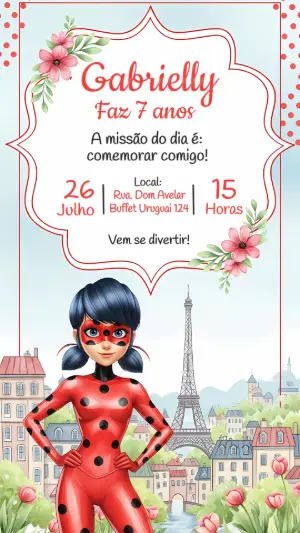 Convite Aniversário Ladybug Miraculous para Editar Online