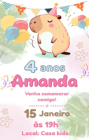 Convite de Aniversário Capivara Fofo Aquarela para Editar