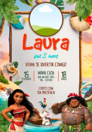 Convite de Aniversário Moana Tropical com Foto Editável