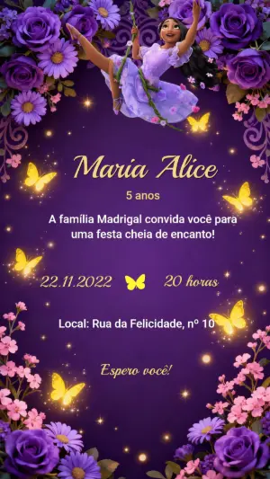 Convite Aniversário Isabela Encanto Roxo e Floral Editável