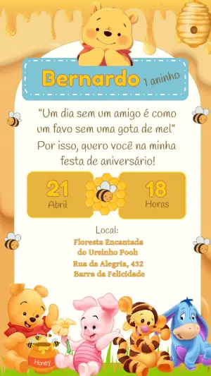 Convite de Aniversário Ursinho Pooh e Amigos para Editar Online