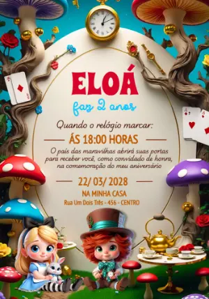 Convite Aniversário Alice no País das Maravilhas Fofo Editável