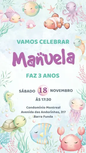 Convite de Aniversário Fundo do Mar para Editar Online