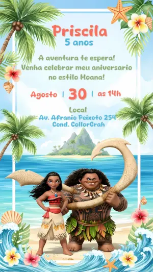 Convite de Aniversário Moana com Personagens para Editar Online