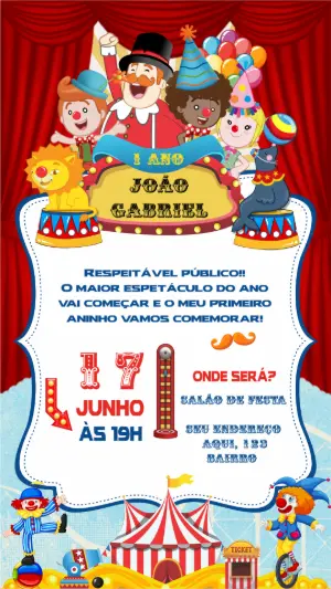 Convite Aniversário Tema Circo com Personagens para Editar