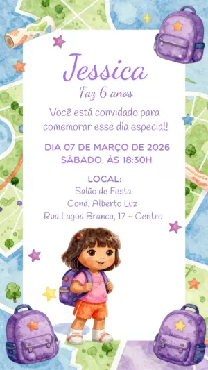 Convite de Aniversário Dora Aventureira Aquarela para Editar