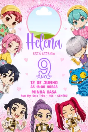 Convite de Aniversário Guerreiras do K-pop Chibi com Foto para Editar