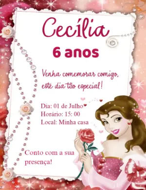 Convite de Aniversário da Princesa Bela para Editar Online
