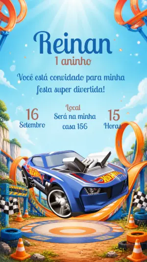 Convite de Aniversário Hot Wheels Editável para Menino