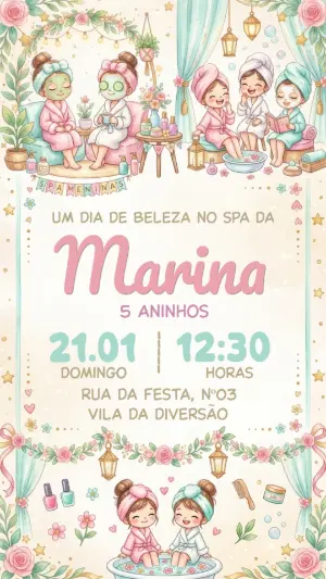 Convite de Aniversário Spa Day Meninas Aquarela Editável