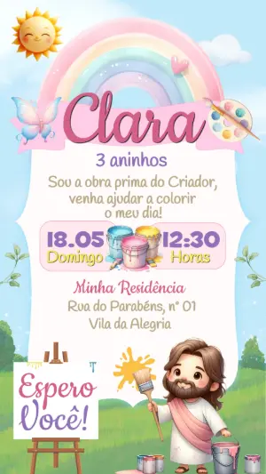 Convite de Aniversário Jesus Pintor do Mundo Menina Editável