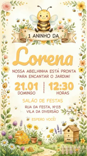 Convite de Aniversário Abelhinha Aquarela Editável