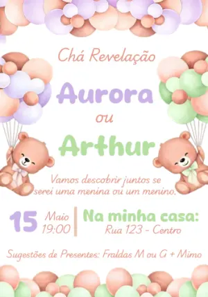 Convite Chá Revelação Ursinhos Lilás e Verde Editável