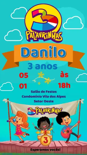 Convite de Aniversário 3 Palavrinhas Colorido para Editar