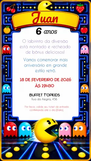 Convite de Aniversário Pac-Man Editável | Tema Gamer Retrô
