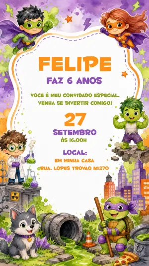 Convite de Aniversário Tartarugas Ninja e Heróis Editável