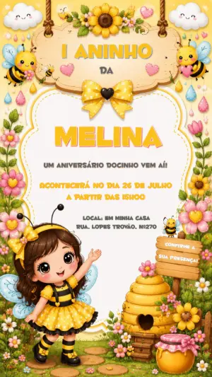 Convite de Aniversário Abelhinha Fofo para Editar Online