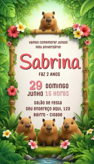 Convite de Aniversário Tema Capivara na Selva para Editar