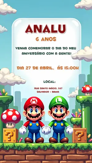 Convite de Aniversário Super Mario e Luigi Editável Online