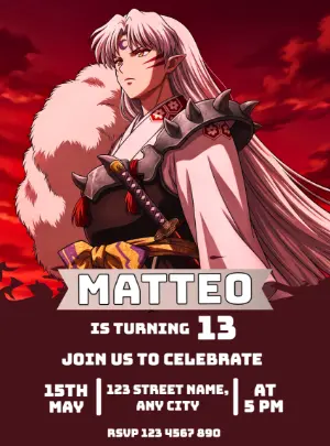Sesshomaru Anime Birthday Invitation, Editable Template