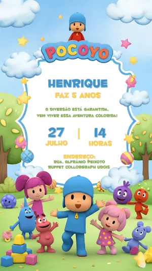 Convite de Aniversário Pocoyo e Turma para Editar Online