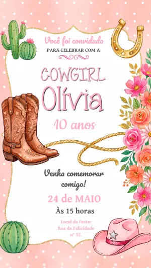 Convite Aniversário Cowgirl Rosa e Dourado para Editar