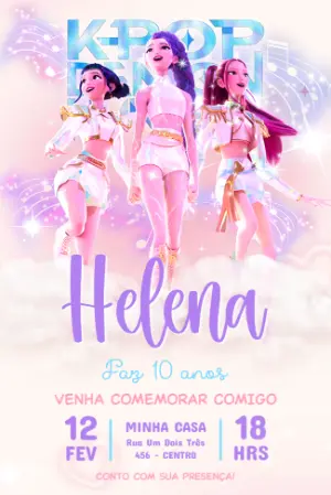 Convite de Aniversário Guerreiras K-Pop Girl Group Editável