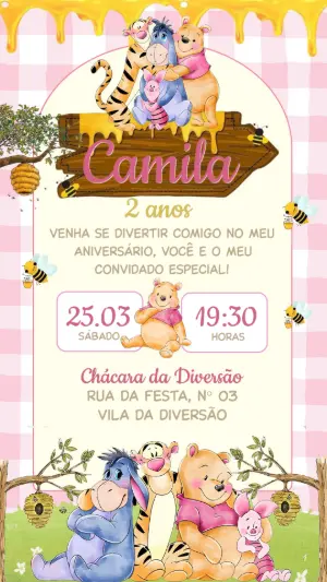 Convite de Aniversário Ursinho Pooh Menina Rosa Editável