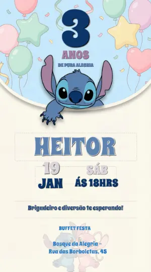 Invitación de cumpleaños Stitch – Estático – Convites Digitais Exclusivos