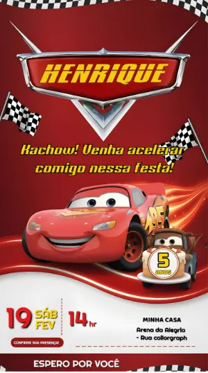 Convite Animado Aniversário Carros Disney para Editar Online