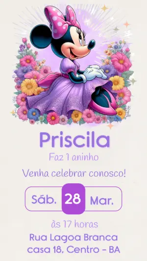 Convite de Aniversário Minnie Lilás Floral para Editar