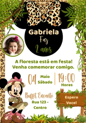 Convite Aniversário Minnie Safari com Foto para Editar Online