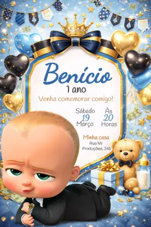 Convite de Aniversário Poderoso Chefinho Azul e Dourado Editável