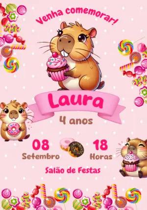Convite de Aniversário Capivara Doce para Editar Online