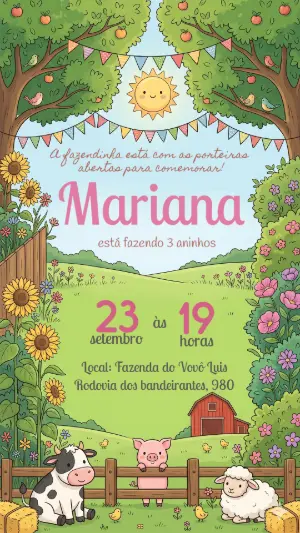 Convite de Aniversário Fazendinha Rosa Menina Editável