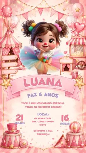 Convite de Aniversário Circo Rosa com Menina | Modelo Editável
