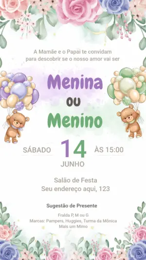 Convite Chá Revelação Ursinhos Lilás e Verde para Editar