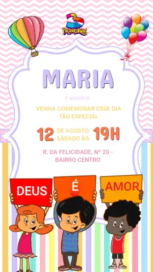 Convite de Aniversário 3 Palavrinhas Colorido para Editar