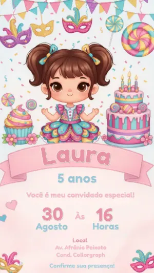 Convite de Aniversário Carnaval Menina Colorido para Editar