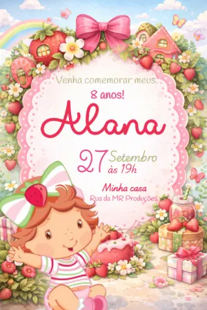 Convite de Aniversário Moranguinho Fofo para Editar Online