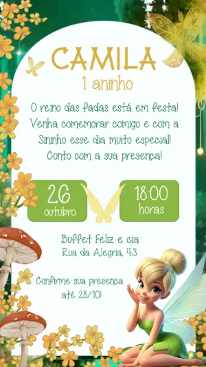 Convite de Aniversário Sininho Floresta Mágica para Editar