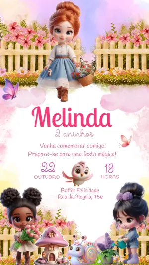 Convite Aniversário Jardim Encantado com Bonecas para Editar
