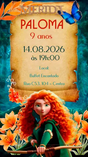 Convite Digital Aniversário Merida Valente para Editar Online