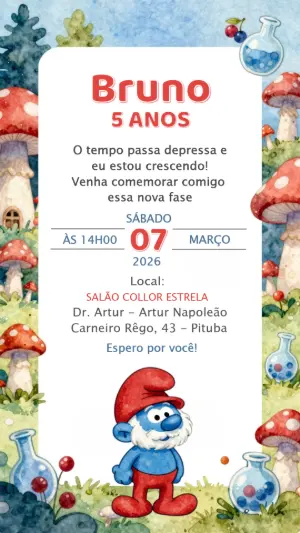 Convite de Aniversário Smurfs em Aquarela para Editar
