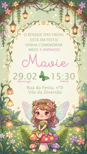 Convite de Aniversário Fadas no Bosque Encantado Editável
