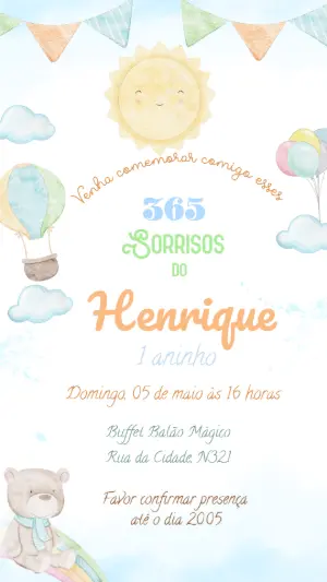 Convite Aniversário 365 Sorrisos com Sol e Balão para Editar