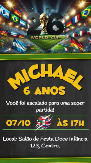 Convite Digital Futebol Copa do Mundo 26 para Aniversário